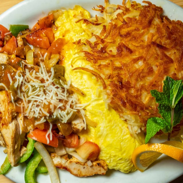 Chicken or Steak Fajita Omelette.