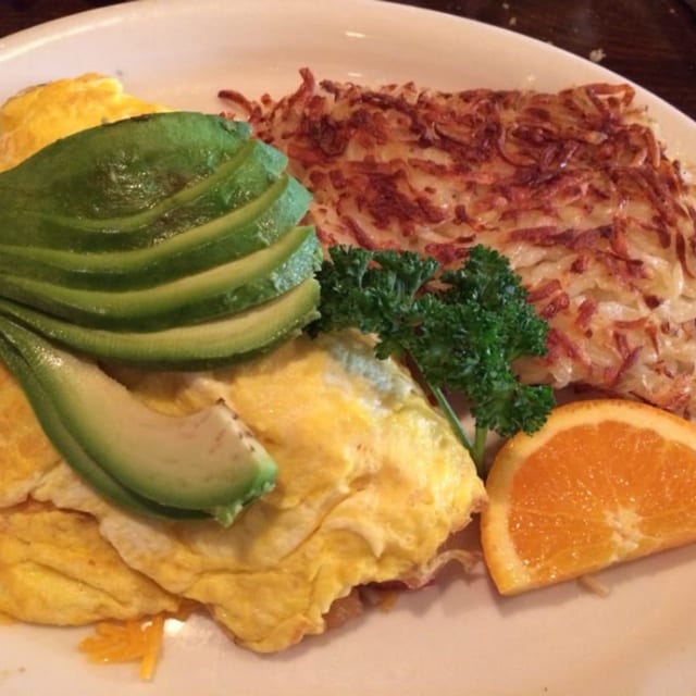 Shrimp, Avocado & Tomato Omelette.